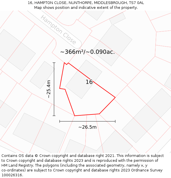 16, HAMPTON CLOSE, NUNTHORPE, MIDDLESBROUGH, TS7 0AL: Plot and title map