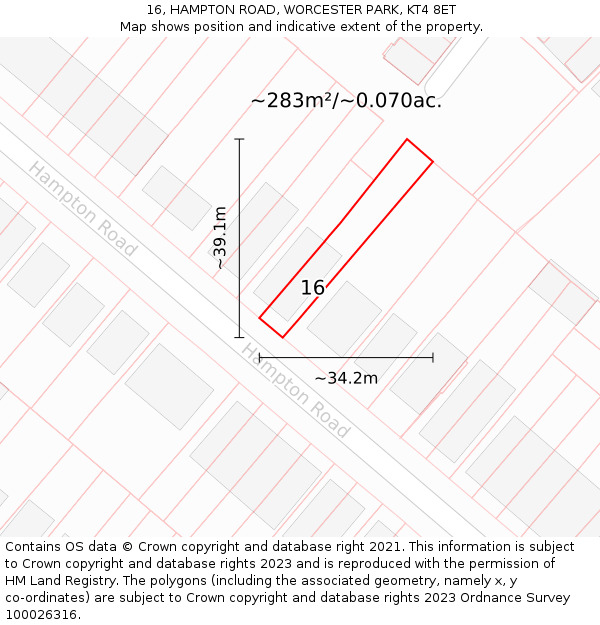 16, HAMPTON ROAD, WORCESTER PARK, KT4 8ET: Plot and title map