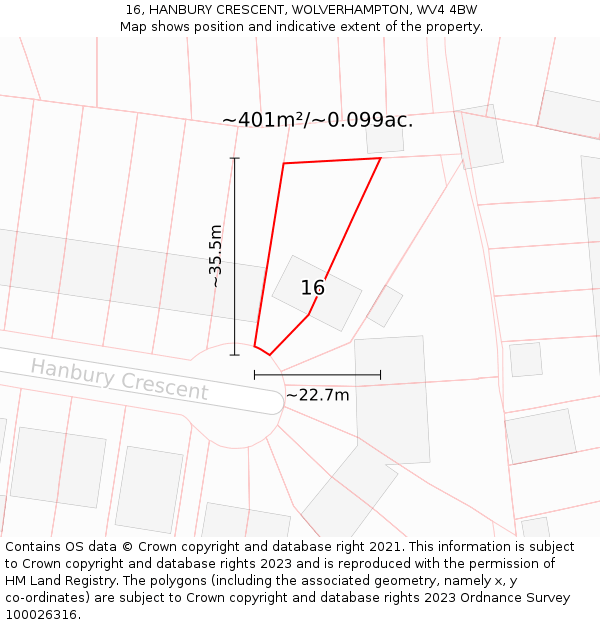 16, HANBURY CRESCENT, WOLVERHAMPTON, WV4 4BW: Plot and title map
