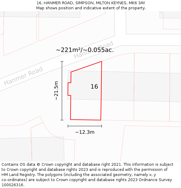 16, HANMER ROAD, SIMPSON, MILTON KEYNES, MK6 3AY: Plot and title map