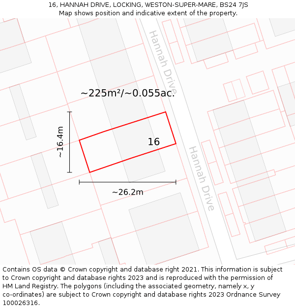 16, HANNAH DRIVE, LOCKING, WESTON-SUPER-MARE, BS24 7JS: Plot and title map
