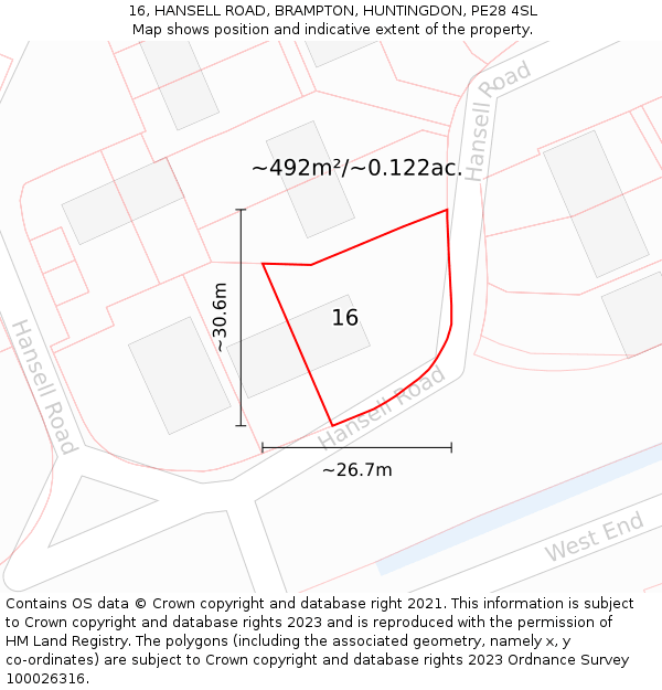 16, HANSELL ROAD, BRAMPTON, HUNTINGDON, PE28 4SL: Plot and title map