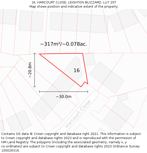 16, HARCOURT CLOSE, LEIGHTON BUZZARD, LU7 2ST: Plot and title map