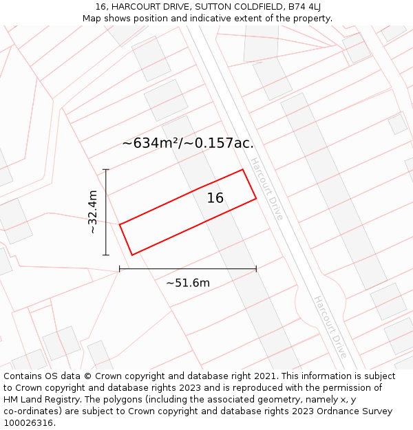 16, HARCOURT DRIVE, SUTTON COLDFIELD, B74 4LJ: Plot and title map