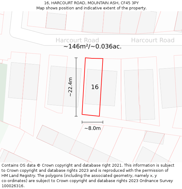 16, HARCOURT ROAD, MOUNTAIN ASH, CF45 3PY: Plot and title map