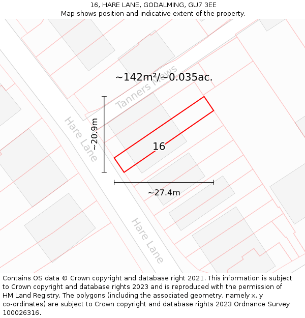 16, HARE LANE, GODALMING, GU7 3EE: Plot and title map