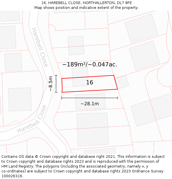 16, HAREBELL CLOSE, NORTHALLERTON, DL7 8FE: Plot and title map