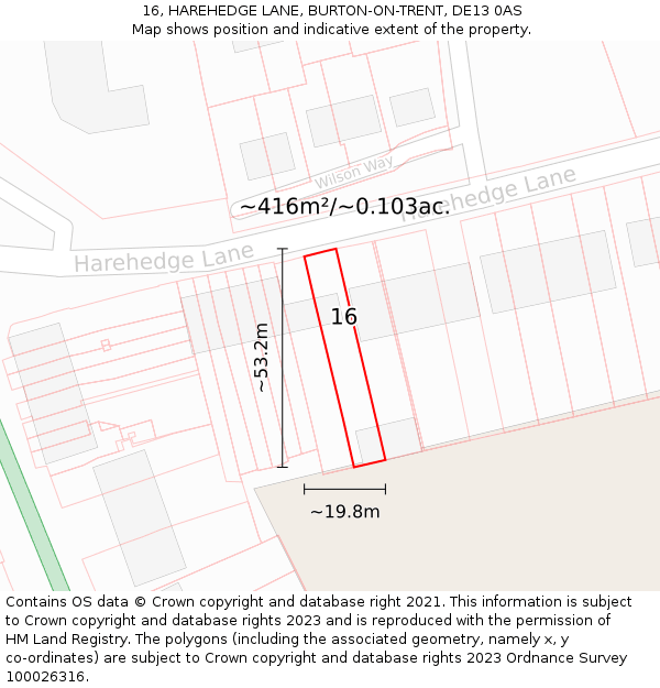 16, HAREHEDGE LANE, BURTON-ON-TRENT, DE13 0AS: Plot and title map