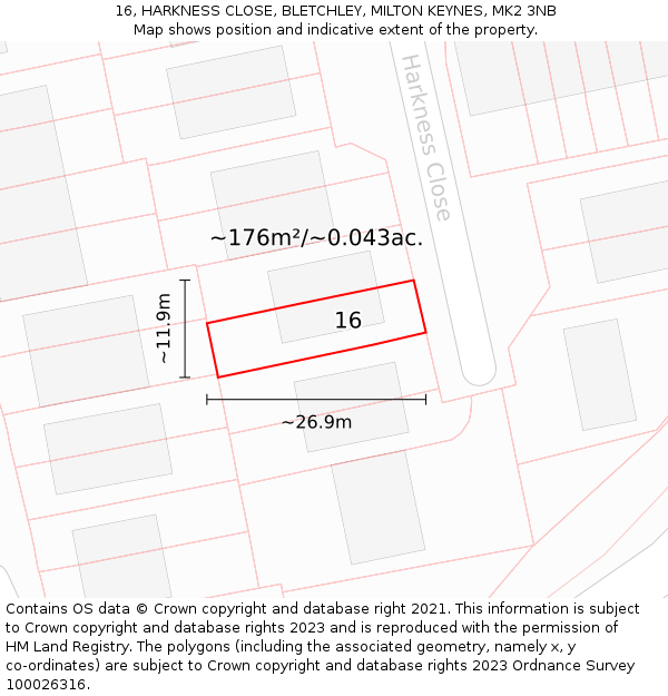 16, HARKNESS CLOSE, BLETCHLEY, MILTON KEYNES, MK2 3NB: Plot and title map