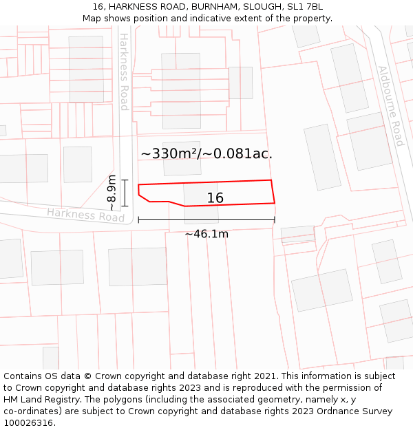 16, HARKNESS ROAD, BURNHAM, SLOUGH, SL1 7BL: Plot and title map
