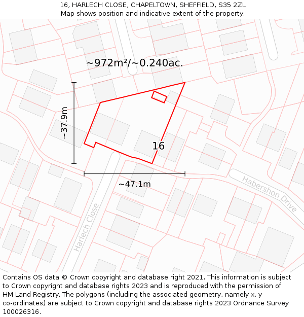 16, HARLECH CLOSE, CHAPELTOWN, SHEFFIELD, S35 2ZL: Plot and title map