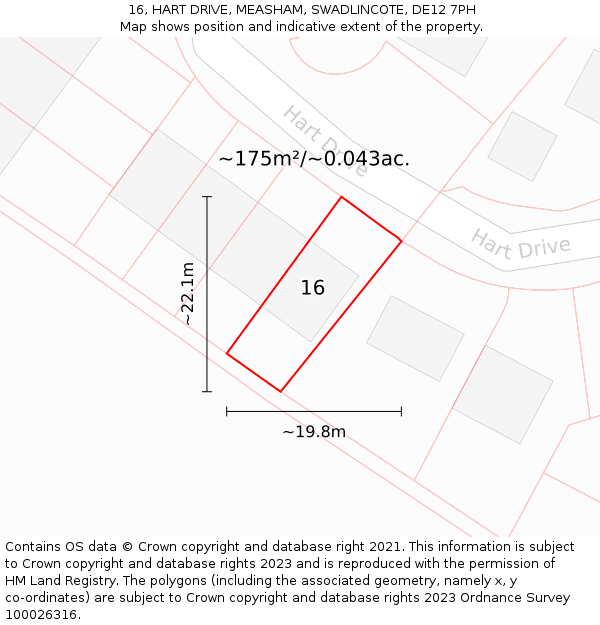16, HART DRIVE, MEASHAM, SWADLINCOTE, DE12 7PH: Plot and title map
