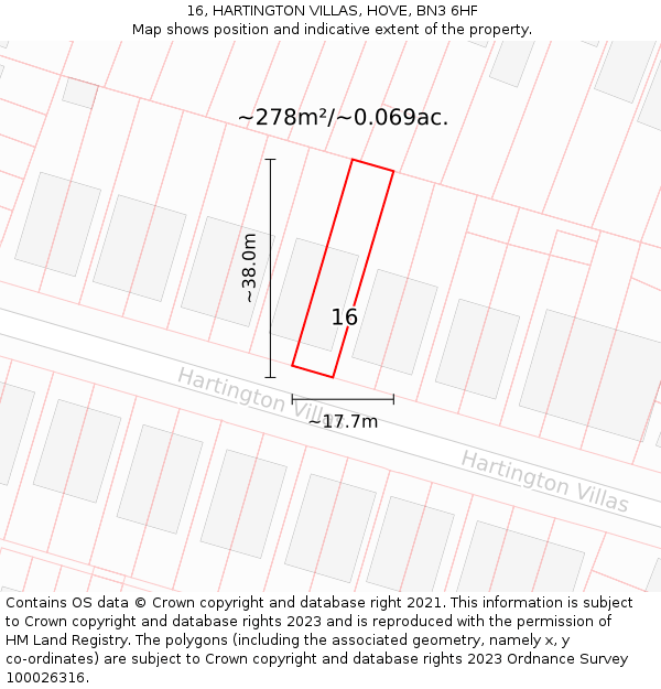 16, HARTINGTON VILLAS, HOVE, BN3 6HF: Plot and title map