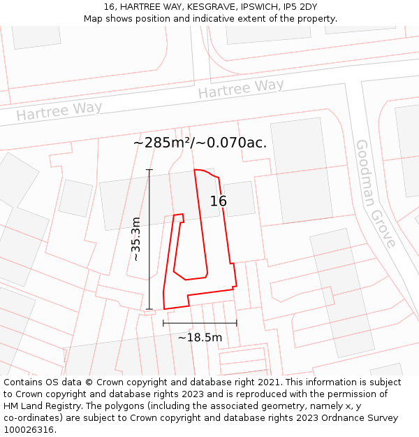 16, HARTREE WAY, KESGRAVE, IPSWICH, IP5 2DY: Plot and title map
