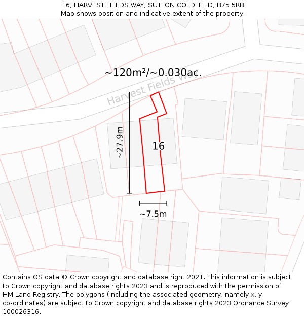 16, HARVEST FIELDS WAY, SUTTON COLDFIELD, B75 5RB: Plot and title map