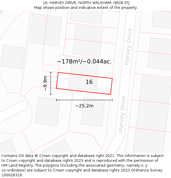 16, HARVEY DRIVE, NORTH WALSHAM, NR28 0TJ: Plot and title map