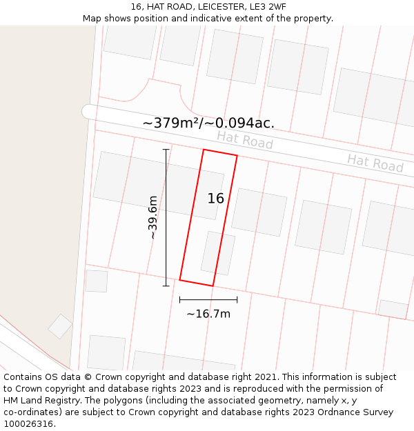 16, HAT ROAD, LEICESTER, LE3 2WF: Plot and title map