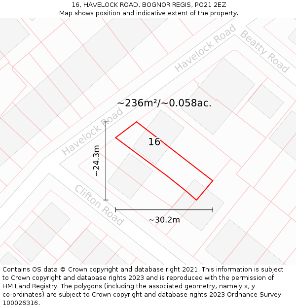 16, HAVELOCK ROAD, BOGNOR REGIS, PO21 2EZ: Plot and title map