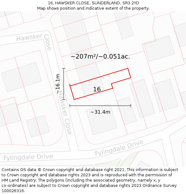 16, HAWSKER CLOSE, SUNDERLAND, SR3 2YD: Plot and title map