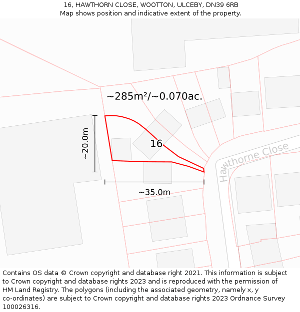 16, HAWTHORN CLOSE, WOOTTON, ULCEBY, DN39 6RB: Plot and title map