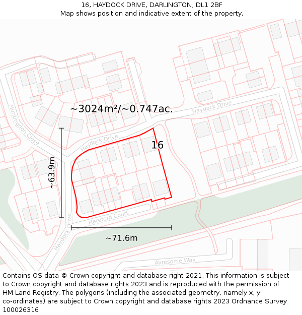 16, HAYDOCK DRIVE, DARLINGTON, DL1 2BF: Plot and title map