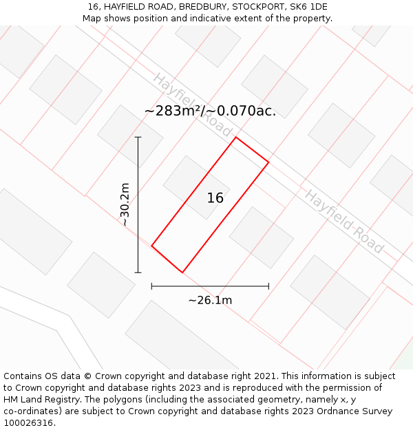 16, HAYFIELD ROAD, BREDBURY, STOCKPORT, SK6 1DE: Plot and title map