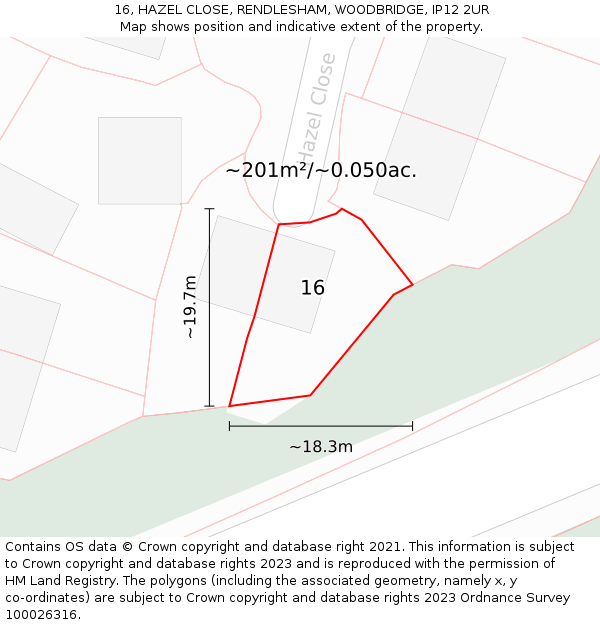 16, HAZEL CLOSE, RENDLESHAM, WOODBRIDGE, IP12 2UR: Plot and title map