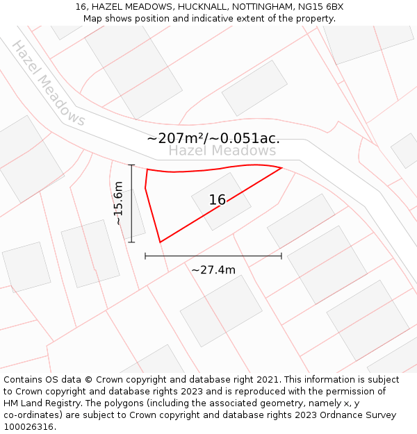 16, HAZEL MEADOWS, HUCKNALL, NOTTINGHAM, NG15 6BX: Plot and title map