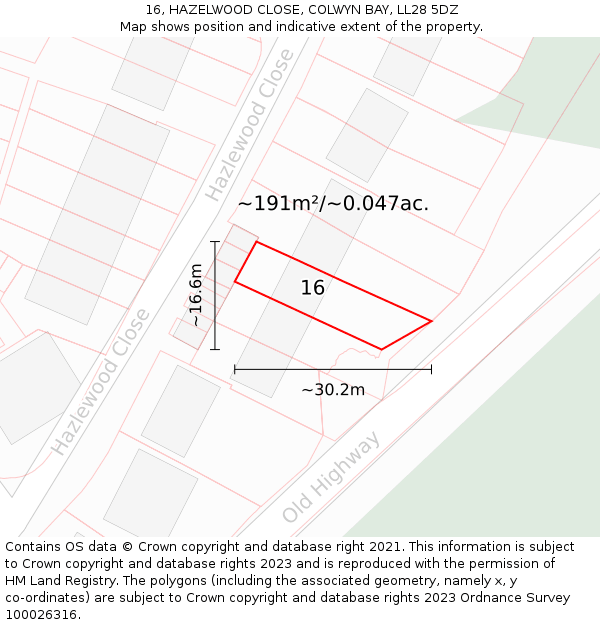 16, HAZELWOOD CLOSE, COLWYN BAY, LL28 5DZ: Plot and title map