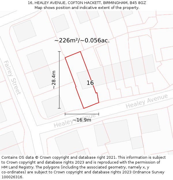 16, HEALEY AVENUE, COFTON HACKETT, BIRMINGHAM, B45 8GZ: Plot and title map