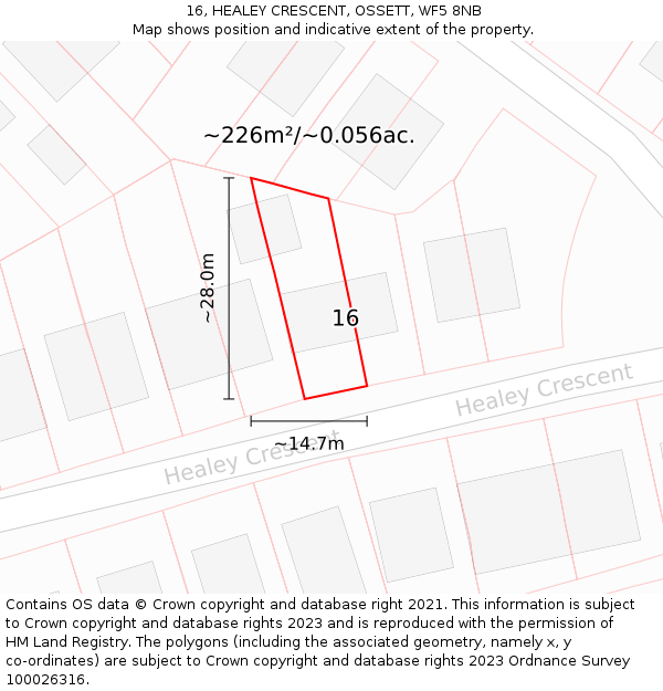 16, HEALEY CRESCENT, OSSETT, WF5 8NB: Plot and title map