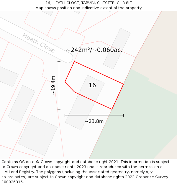 16, HEATH CLOSE, TARVIN, CHESTER, CH3 8LT: Plot and title map