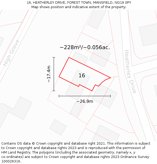 16, HEATHERLEY DRIVE, FOREST TOWN, MANSFIELD, NG19 0PY: Plot and title map