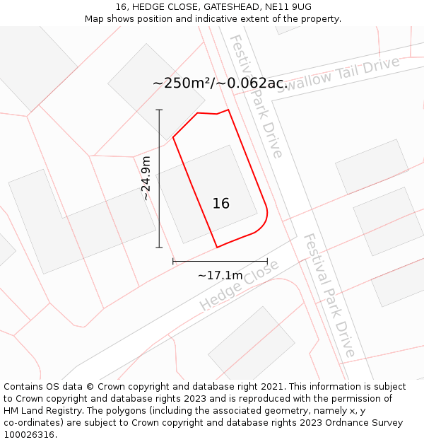 16, HEDGE CLOSE, GATESHEAD, NE11 9UG: Plot and title map