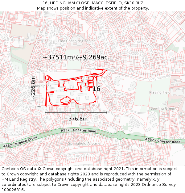 16, HEDINGHAM CLOSE, MACCLESFIELD, SK10 3LZ: Plot and title map