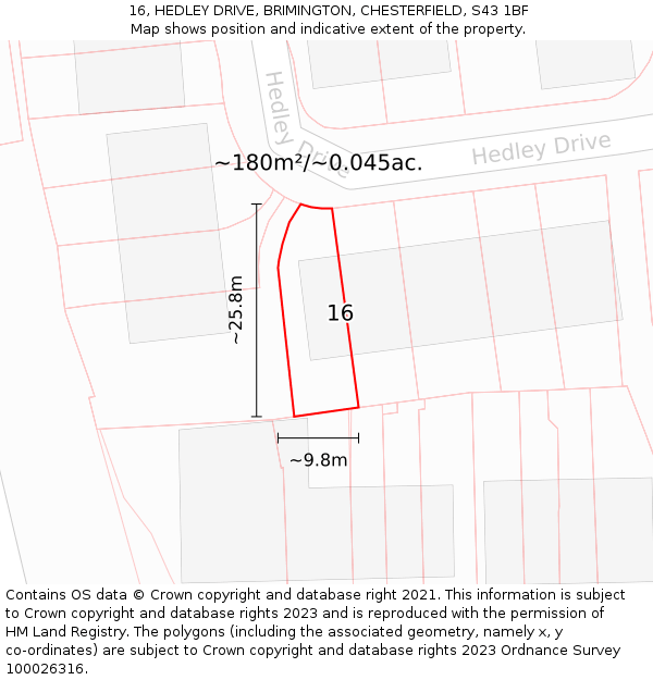 16, HEDLEY DRIVE, BRIMINGTON, CHESTERFIELD, S43 1BF: Plot and title map