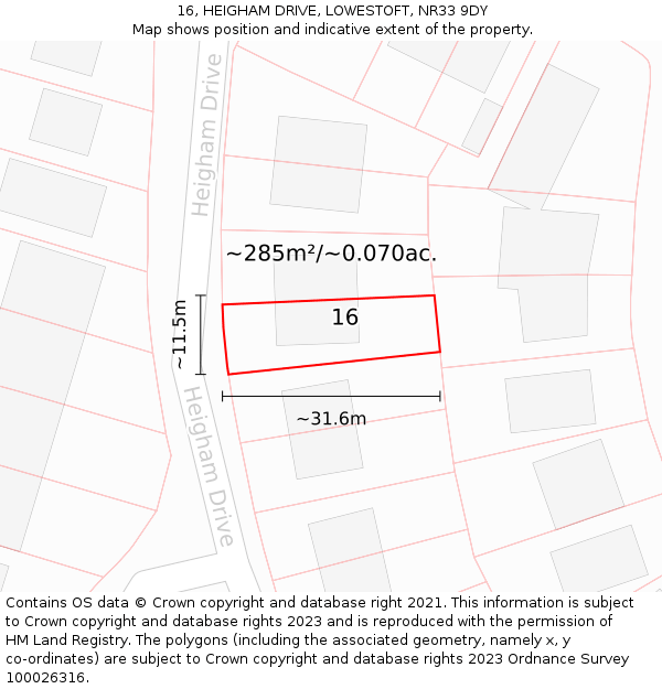 16, HEIGHAM DRIVE, LOWESTOFT, NR33 9DY: Plot and title map