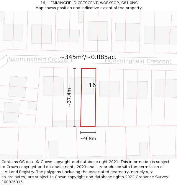 16, HEMMINGFIELD CRESCENT, WORKSOP, S81 0NS: Plot and title map