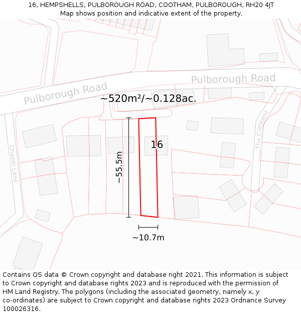 16, HEMPSHELLS, PULBOROUGH ROAD, COOTHAM, PULBOROUGH, RH20 4JT: Plot and title map