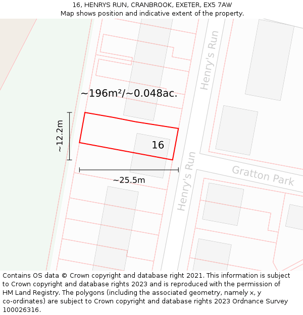 16, HENRYS RUN, CRANBROOK, EXETER, EX5 7AW: Plot and title map