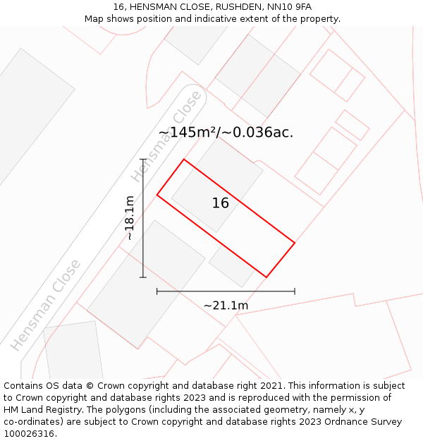 16, HENSMAN CLOSE, RUSHDEN, NN10 9FA: Plot and title map
