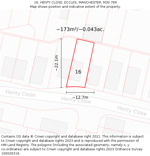 16, HENTY CLOSE, ECCLES, MANCHESTER, M30 7ER: Plot and title map