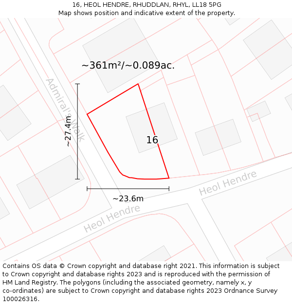 16, HEOL HENDRE, RHUDDLAN, RHYL, LL18 5PG: Plot and title map