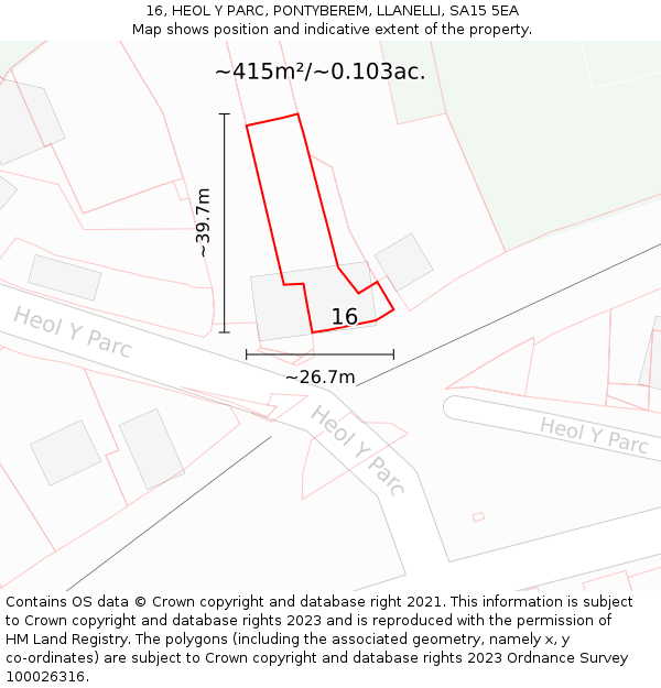 16, HEOL Y PARC, PONTYBEREM, LLANELLI, SA15 5EA: Plot and title map