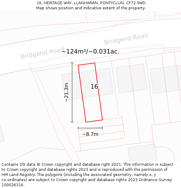 16, HERITAGE WAY, LLANHARAN, PONTYCLUN, CF72 9WD: Plot and title map