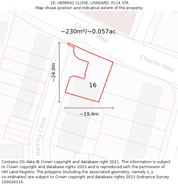 16, HERRING CLOSE, LISKEARD, PL14 3TA: Plot and title map
