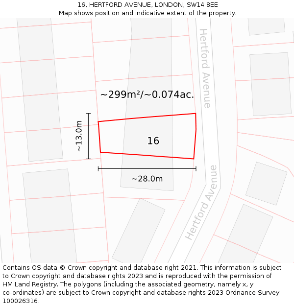 16, HERTFORD AVENUE, LONDON, SW14 8EE: Plot and title map