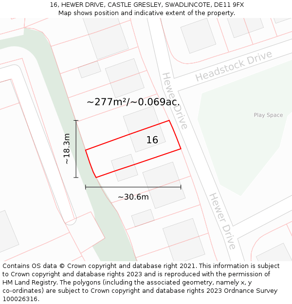 16, HEWER DRIVE, CASTLE GRESLEY, SWADLINCOTE, DE11 9FX: Plot and title map