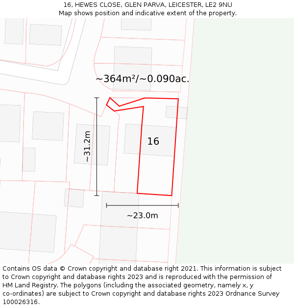 16, HEWES CLOSE, GLEN PARVA, LEICESTER, LE2 9NU: Plot and title map