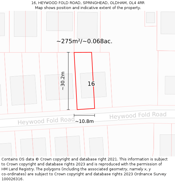 16, HEYWOOD FOLD ROAD, SPRINGHEAD, OLDHAM, OL4 4RR: Plot and title map